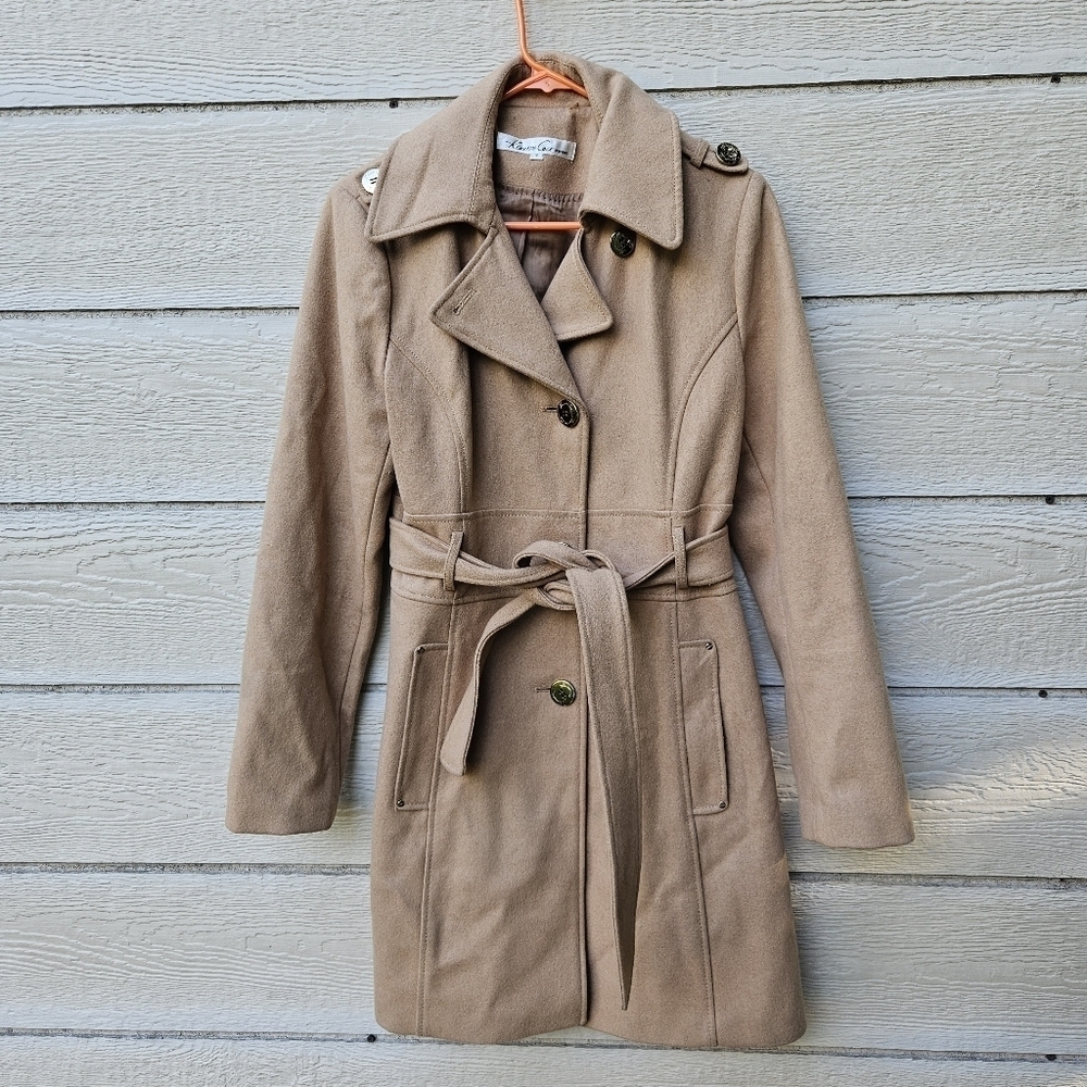 Kenneth Cole tan wool-blend belted mid-length coat size 12